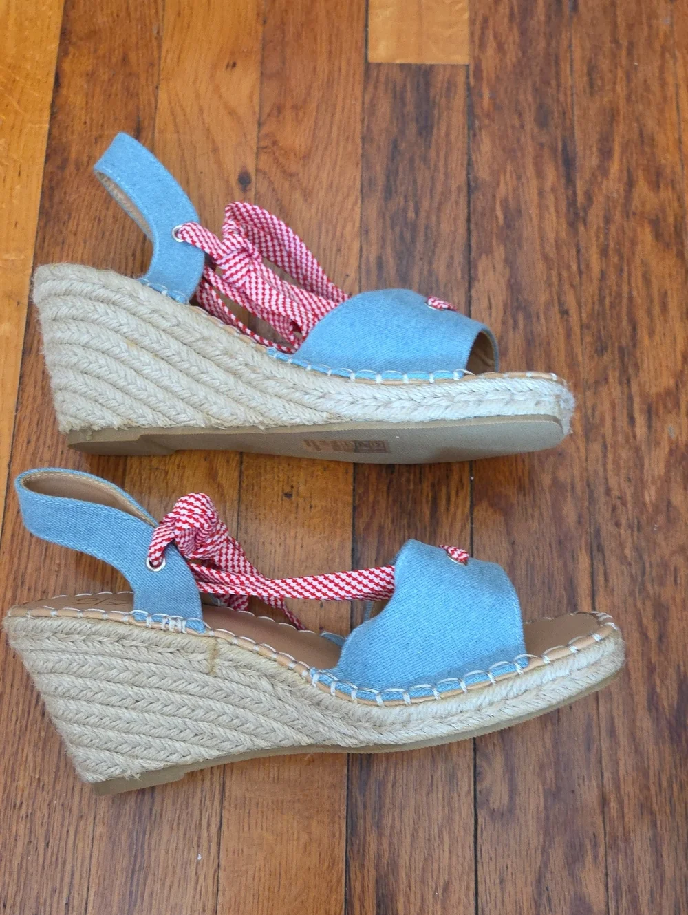 Yoki Blue Wedge Sandals with Pink Lace-Up Straps